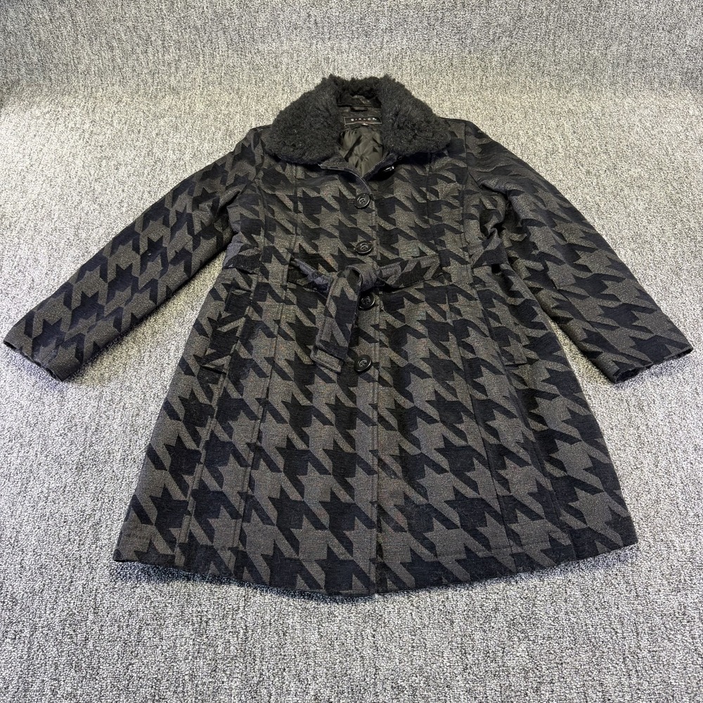 Giacca Coat Women XL Gray Black Houndstooth Quilted Lined Faux Fur Collar Belted